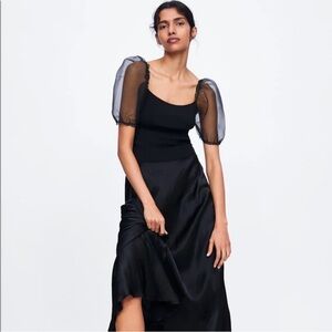 Zara Black Fitted Puff organza Sleeve Blouse
